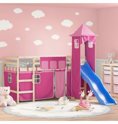 Aukšta vaikiška lova su bokštu, rožinė, 90x190cm, pušis - Lovos - 1