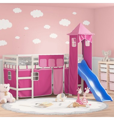 Aukšta vaikiška lova su bokštu, rožinė, 90x200cm, pušis - Lovos - 1