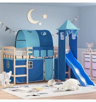 Aukšta vaikiška lova su bokštu, mėlyna, 90x190cm, pušis - Lovos - 1