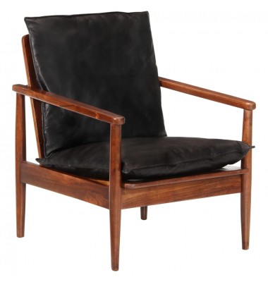  Krėslas, juodos spalvos, tikra oda ir akacijos medienos masyvas - Foteliai, krėslai - 1