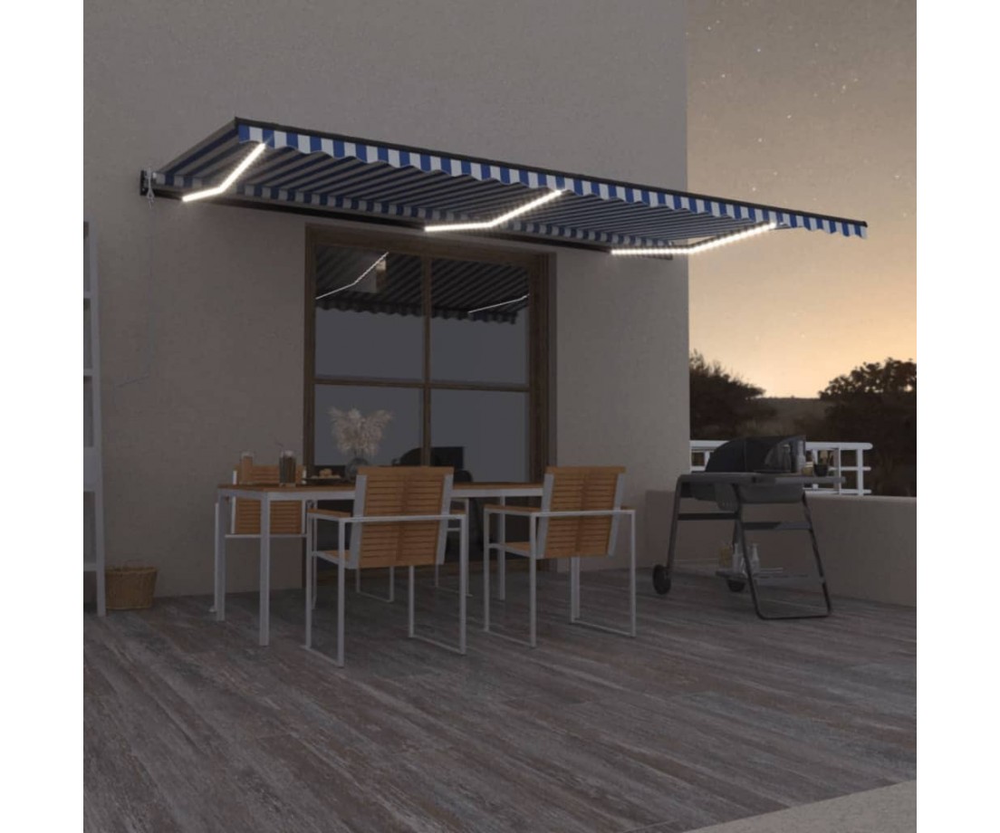 Markizė su LED/vėjo jutikliu, mėlyna/balta, 600x350cm - Markizės terasoms, langams, durims - 1 Markizė su LED/vėjo jutikliu, mėlyna/balta, 600x350cm - Markizės terasoms, langams, durims - 1
