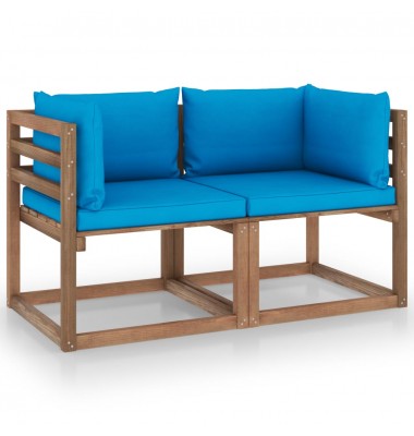  Dvivietė sodo sofa iš palečių su mėlynomis pagalvėlėmis, eglė - Lauko baldų komplektai - 1