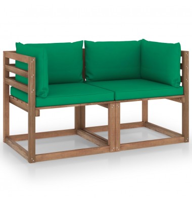  Dvivietė sodo sofa iš palečių su žaliomis pagalvėlėmis, eglė - Lauko baldų komplektai - 1