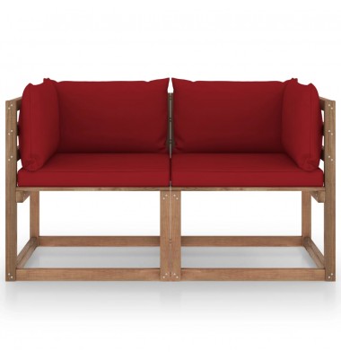  Dvivietė sodo sofa iš palečių su raudonomis pagalvėlėmis, eglė - Lauko baldų komplektai - 2
