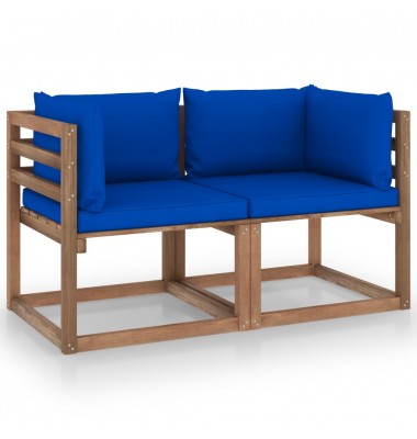  Dvivietė sodo sofa iš palečių su mėlynomis pagalvėlėmis, eglė - Lauko baldų komplektai - 1