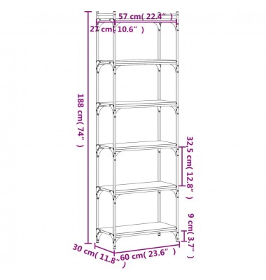  Knygų spinta, 6 aukštų, ruda ąžuolo, 60x30x188cm, mediena - Pastatomos lentynos, spintelės - 9