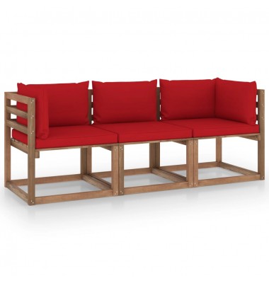  Trivietė sodo sofa iš palečių su raudonomis pagalvėlėmis, eglė - Lauko baldų komplektai - 1