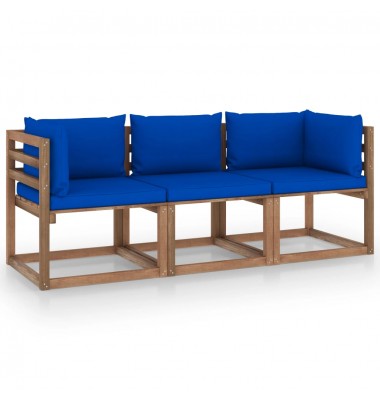  Trivietė sodo sofa iš palečių su mėlynomis pagalvėlėmis, eglė - Lauko baldų komplektai - 1