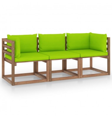  Trivietė sodo sofa iš palečių su žaliomis pagalvėlėmis, eglė - Lauko baldų komplektai - 1