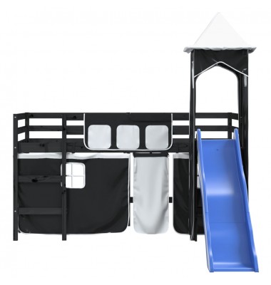 Aukšta vaikiška lova su bokštu, balta/juoda, 90x200cm, pušis - Lovos - 5