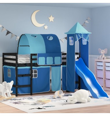  Aukšta vaikiška lova su bokštu, mėlyna, 90x190cm, pušis - Lovos - 1