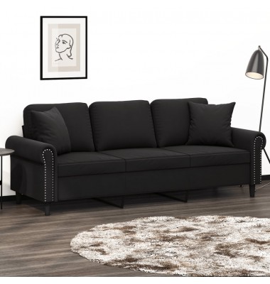  Trivietė sofa su pagalvėlėmis, juodos spalvos, 180cm, aksomas - Sofos, sofos-lovos - 1